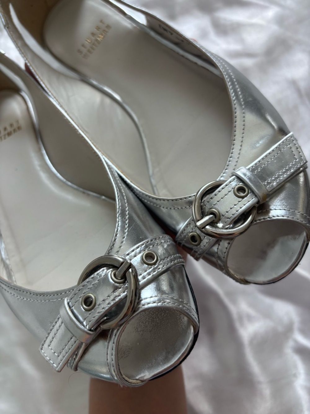 Stuart Weitzman Silver Metallic Peep-Toe Ballet Flats